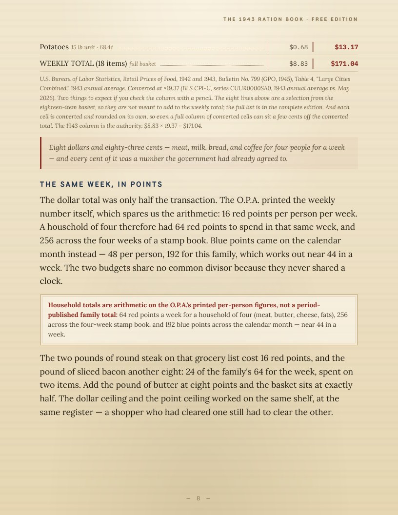 Booklet page: a week's groceries in 1943, shown in points and dollars