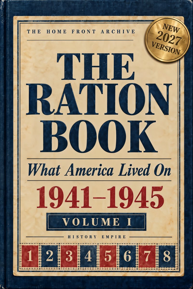 Volume I cover: The Ration Book, What America Lived On, 1941 to 1945. Navy book cloth, a strip of ration stamps and a gold New 2027 Version medallion.
